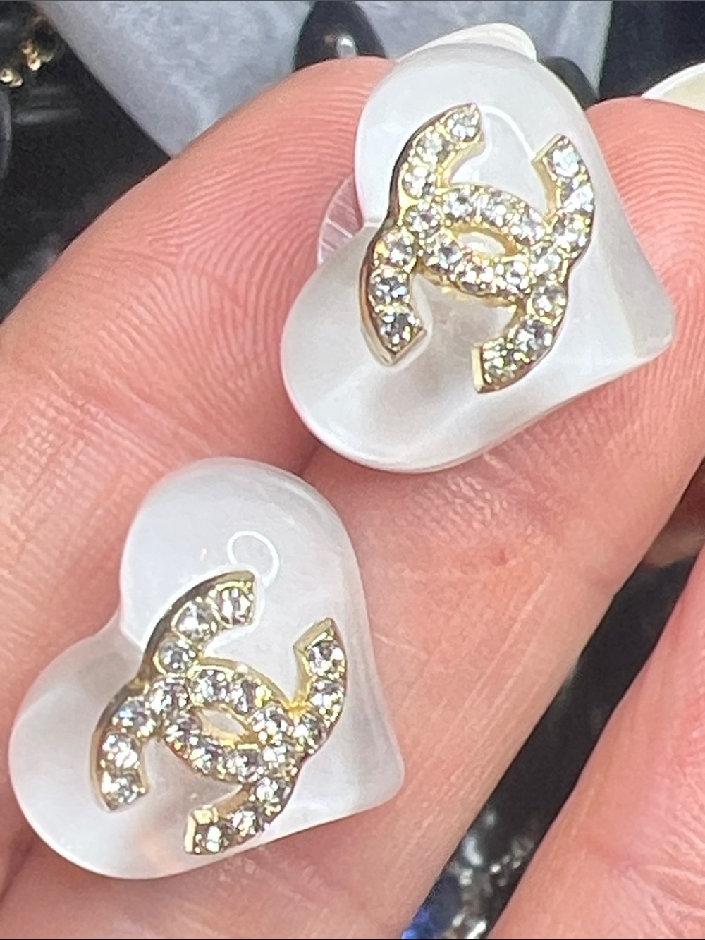 Clear and White Heart Stud Earrings - White